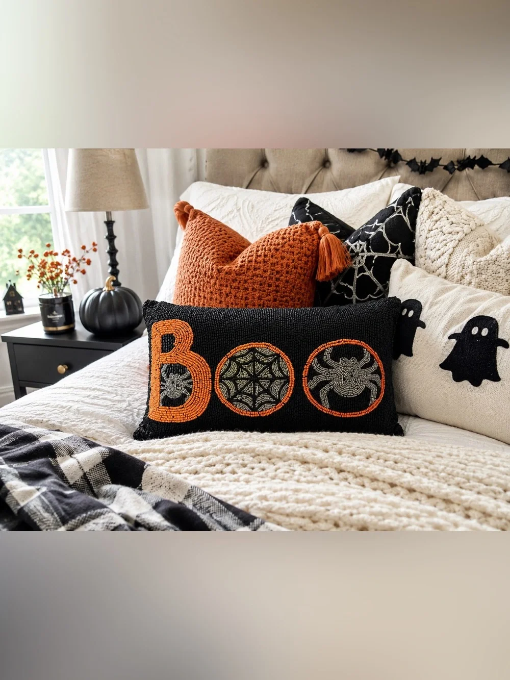 NWT WOWW Living Beaded “BOO” Spider Web Halloween Lumbar Pillow Black Orange